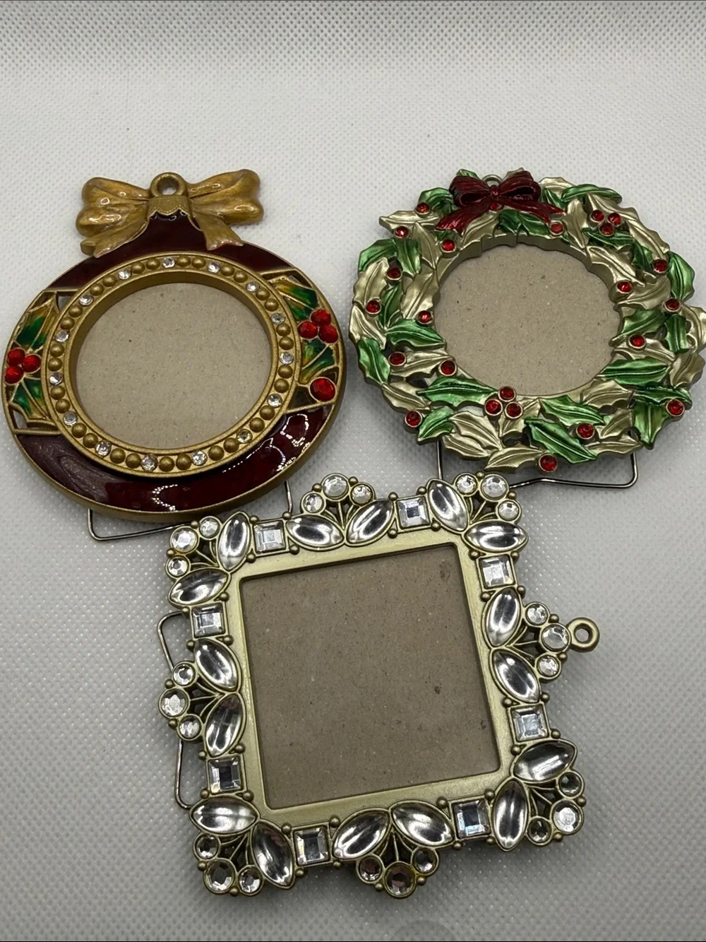 3 Holiday enamel & rhinestone mini photo picture frame wreath ornament bedazzled